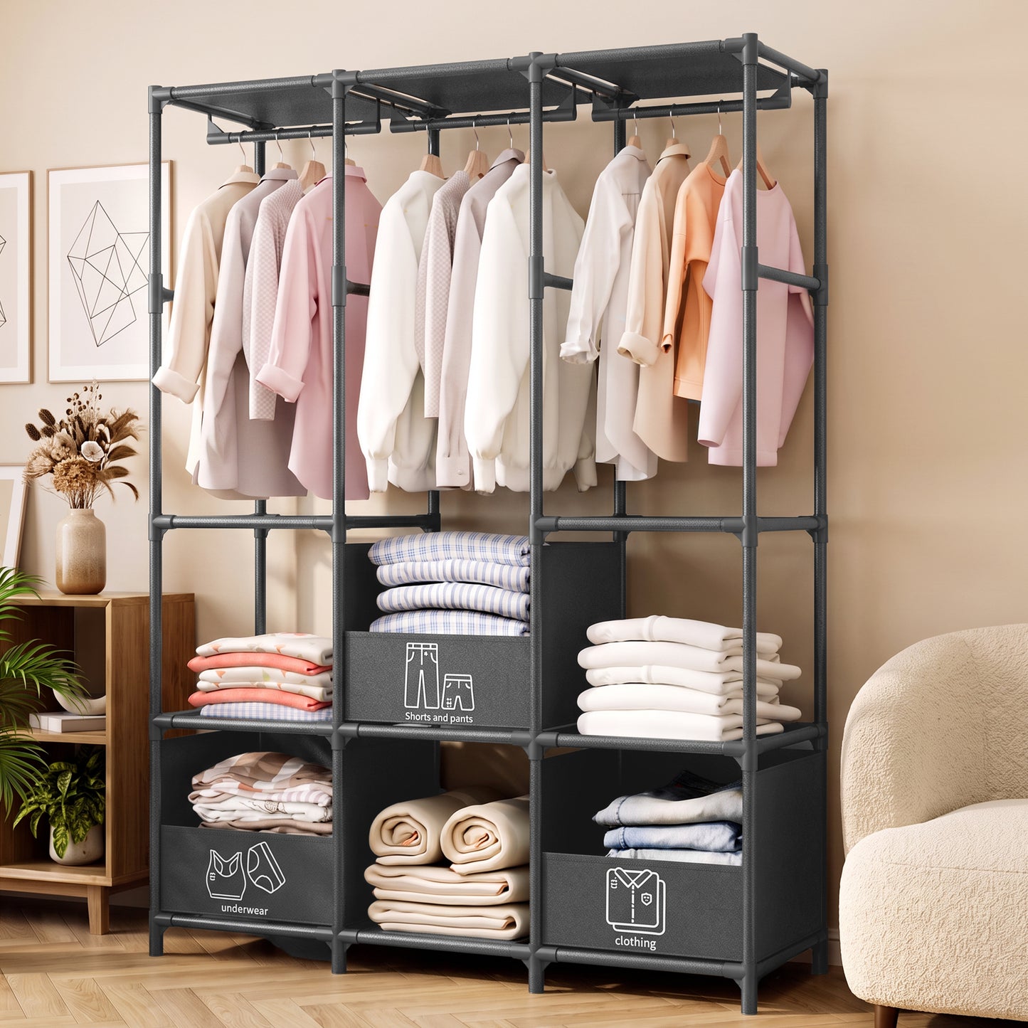 Portable Closet, Non-Woven Fabric Portable Closet Organizers and Storage, Clothes Storage with 3 Storage Drawers, Wardrobe Closet for Bedroom and Living Room, Black