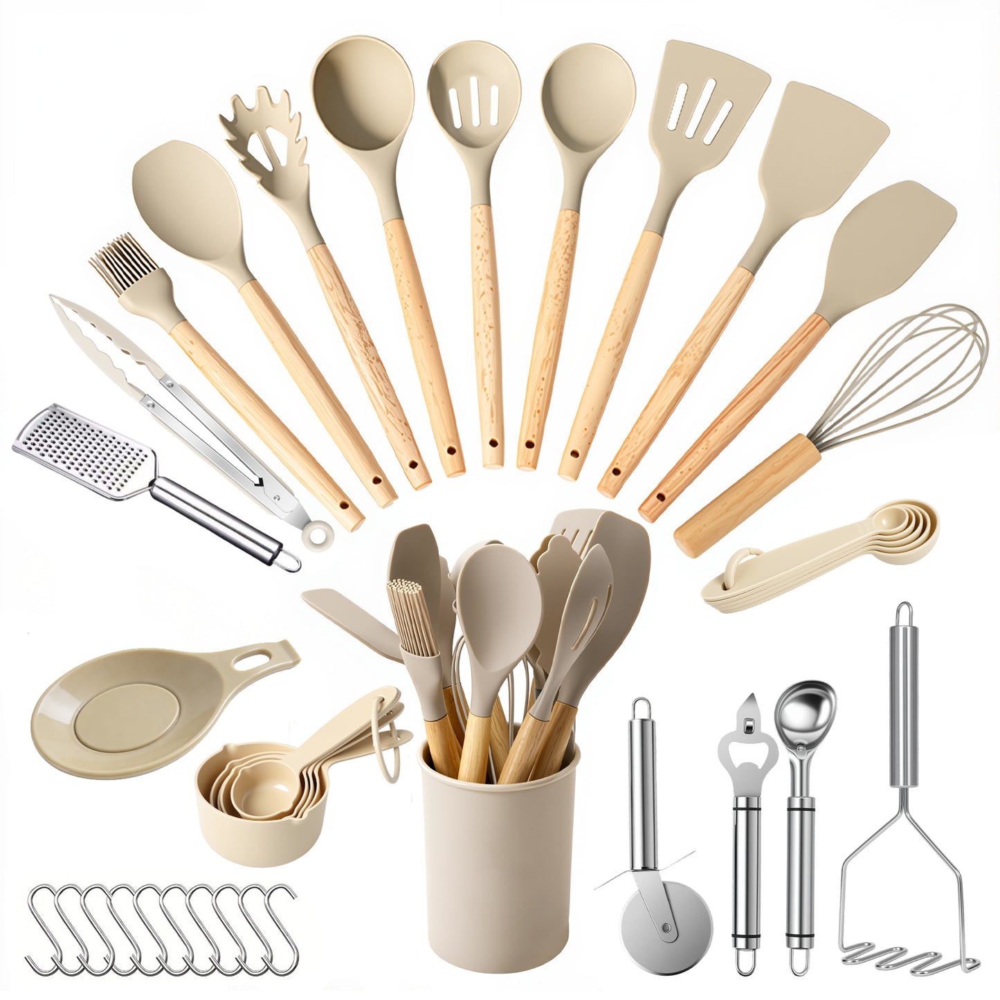 Silicone Cooking Utensils Set, Kitchen Utensils Set 38 Pcs for Cooking, Nonstick Kitchen Utensils Cookware Set Spatula Set, Khaki