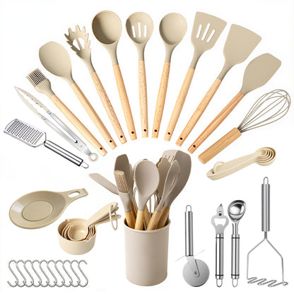 Silicone Cooking Utensils Set, Kitchen Utensils Set 38 Pcs for Cooking, Nonstick Kitchen Utensils Cookware Set Spatula Set, Khaki