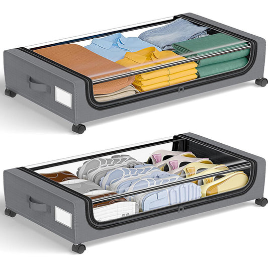 Under Bed Storage with Wheels, 2Pack Under Bed Storage Containers, Under Bed Shoe Storage Organizer, Rolling Under Bed Metal Drawer for Clothes, Blankets,Gary