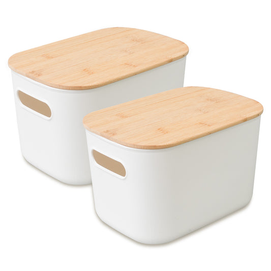CATGOOD 2PCS Premium Minimalist Storage Boxes with Bamboo Lids, Plastic Storage Baskets, White Stackable Storage Bins with Lids for Kitchen, Cabinet, Bathroom, 10.24"x7.09"x6.3"
