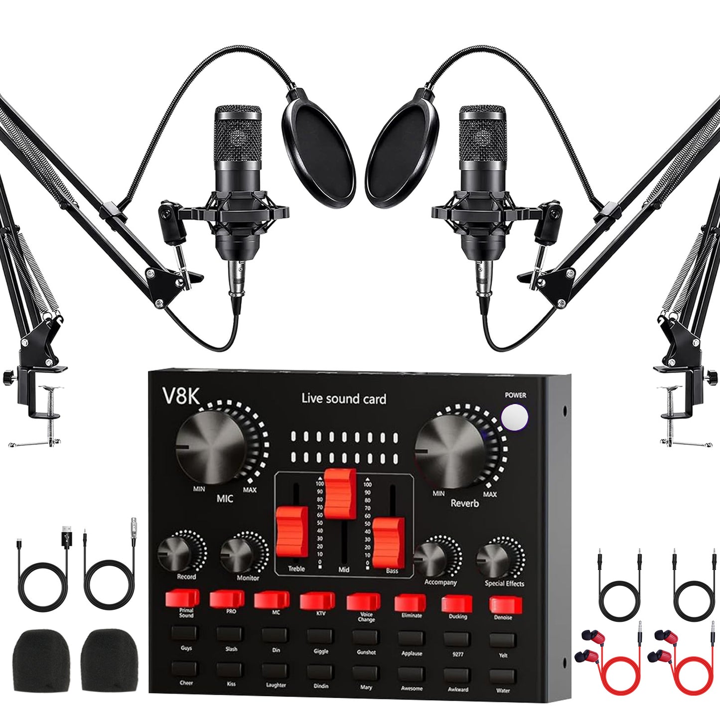 Podcast Equipment Bundle for 2, V8K Live Sound Card with BM800 Condenser Microphone, Perfect for Live Streaming, Singing