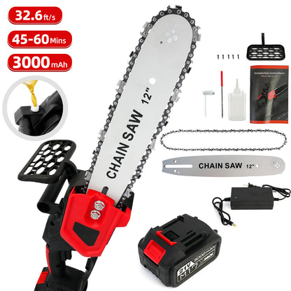 BAOKALER 12" Cordless Chainsaw, 950W Brushless Motor Battery Chain Saw with 2PCS 21V Rechargeable 3.0Ah Battery and Charger for Wood Cutting