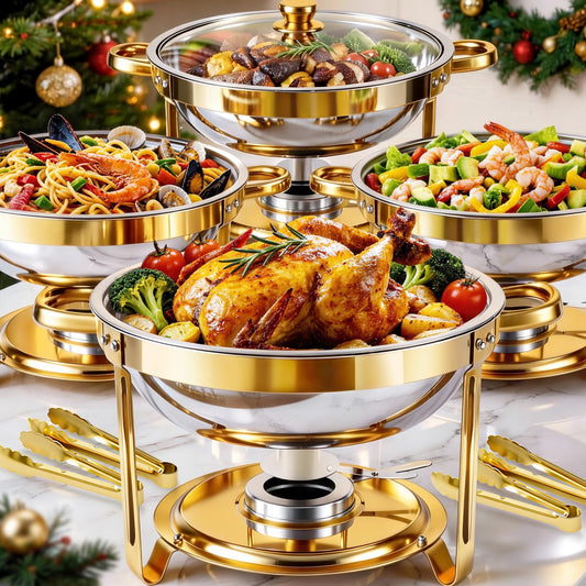 CATGOOD 4 Pack with Tongs 6QT Round Chafing Dish Buffet Set, Buffet Warmers with Glass Lids & Gold Stands, Smooth Thick Edge, Easy Clean, Side Lid Rest for Home Banquet