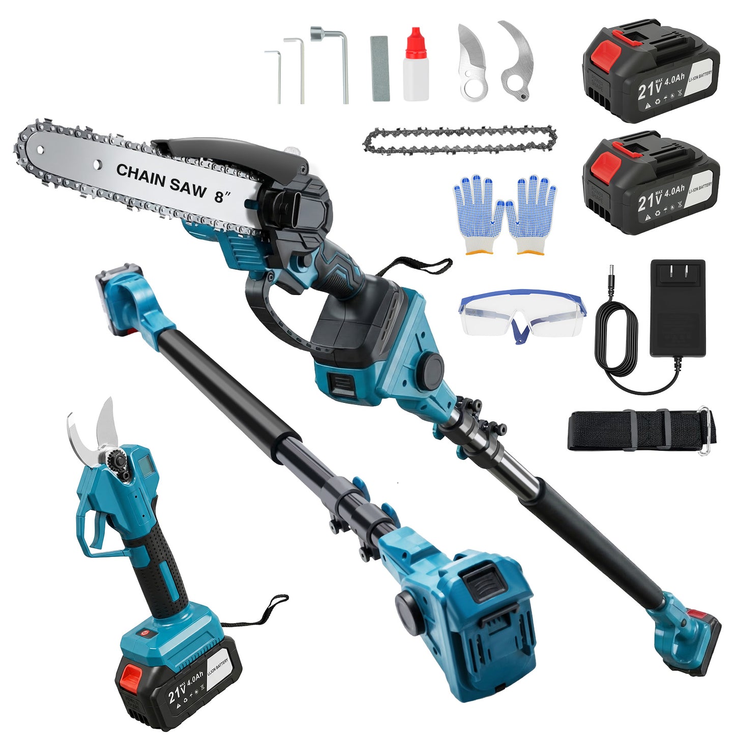 4-in-1 Cordless Pole Saw & Electric Pruning Shears, 8.53FT Telescoping Pole 180¡ã Rotating Head, 8 inch Cordless Tree Trimmer with 2¡Á4.0Ah Batteries for Garden Pruning