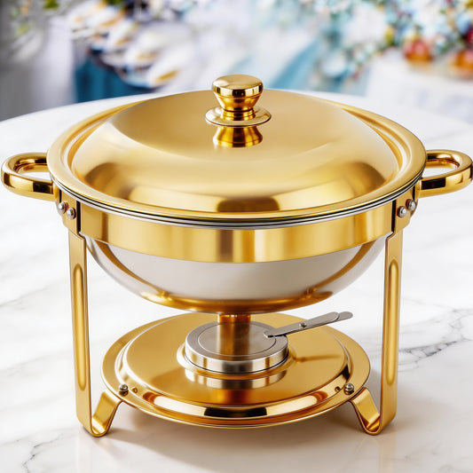 Round Half-Gold Plated Stainless Steel Chafing Dish with Stainless Steel Lid, Buffet Warmer Set, 1-Pack, for Home Gatherings, Christmas Parties, Catering Events