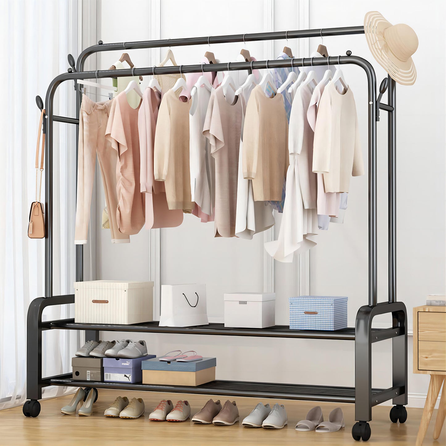 Clothes Rack With Wheels, Portable Clothing Rack With Shelves & Hooks, Heavy Duty Garment Racks for Hanging Clothes, Multi-Functional Closet Rack for Bedroom, Black