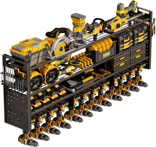 Large Power Tool Organizer Wall Mount Loads 600 lbs, Heavy Duty 4-Tier 12 Drills Holder, Cordless Tool Storage Battery Shelf, Utility Racks for Garage Workshop Shed, Gifts for Men Husband