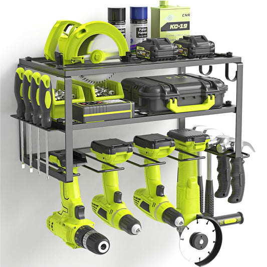ALSO GO Power Tool Organizer, 3 Layers Storage Rack with 4 Drill Holders, Garage Storage Shelving Wall Mounted, Floating Tool Shelf Wall Mounted