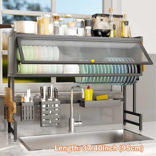 Dish Rack Over Sink with Cover, Stainless Steel Dish Racks for for Drying Dishes, Glasses, Bowls, and Utensils, Black, Length-37.4"