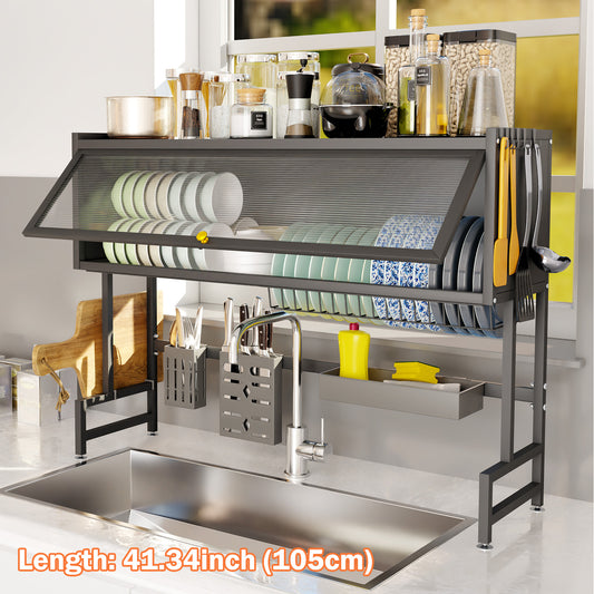 Multi-Functional Dish Drying Rack Above Sink, Dust-Proof Over Sink Dish Drainers and Dish Racks for Kitchen Counter, Black, Length-41.34"