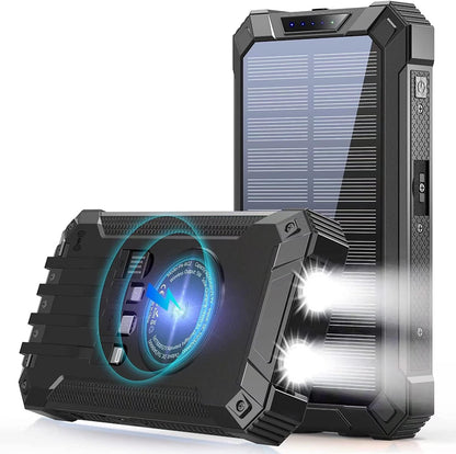 Power Bank Wireless Charger 46800mAh Built in 4 Cables Six Outputs 15W Fast Charging Power Bank for All Mobile Devices Three Inputs Solar Portable Charger with Dual Flashlights, Carabiner(Black)