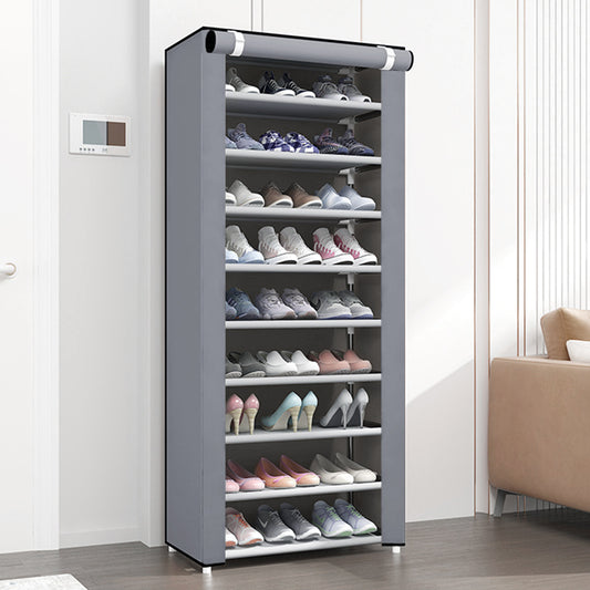 Portable Shoe Rack, 10-Tier 27 Paris Shoe Storage Cabinet with Cover, Non-Woven Fabric Shoe Storage Organizer, 9 Lattices Shoe Cabinet Tower Shelf Closet Silver Gray