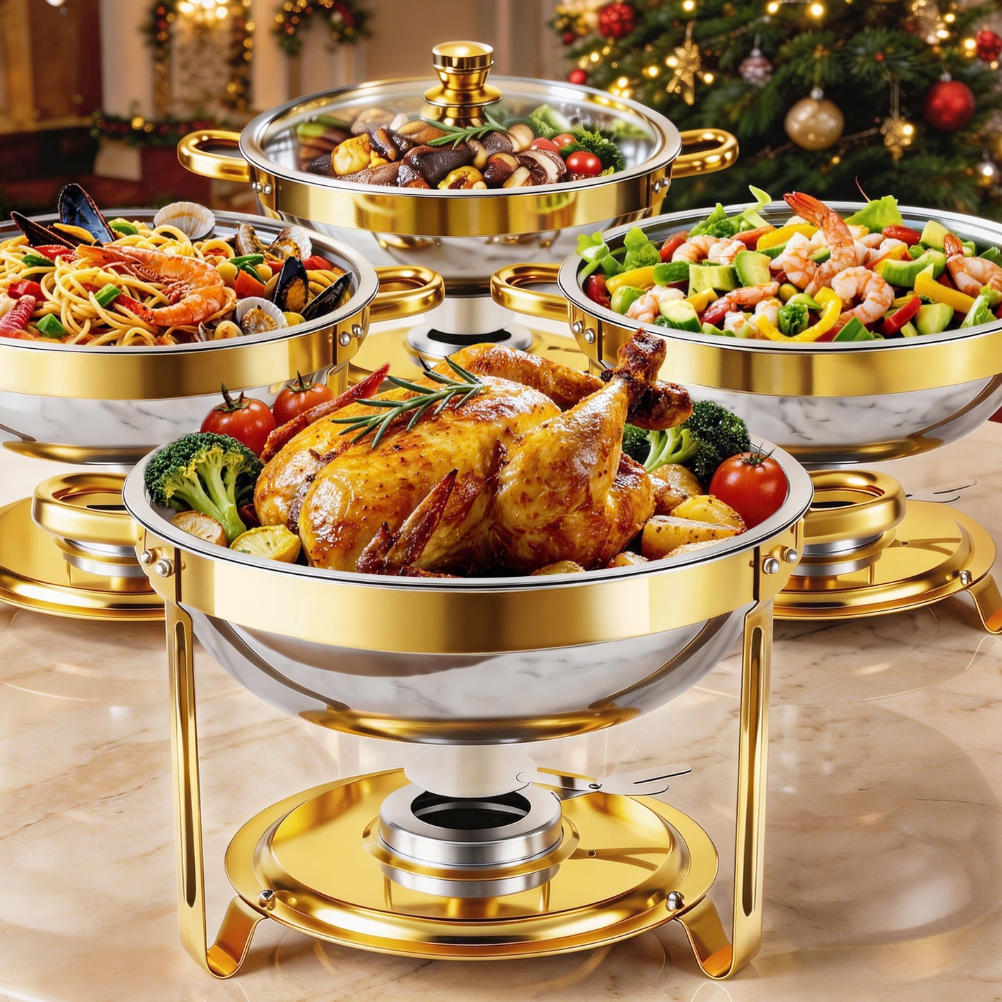 BAOKALER 4 Pack Chafing Dish Buffet Set, 6QT Stainless Steel Food Warmers with Glass Lids & Gold Stands, Buffet Servers & Chafer Set for Parties, Weddings, Catering