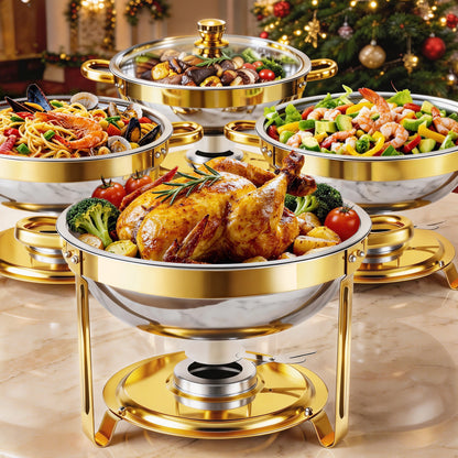 BAOKALER 4 Pack Chafing Dish Buffet Set, 6QT Stainless Steel Food Warmers with Glass Lids & Gold Stands, Buffet Servers & Chafer Set for Parties, Weddings, Catering