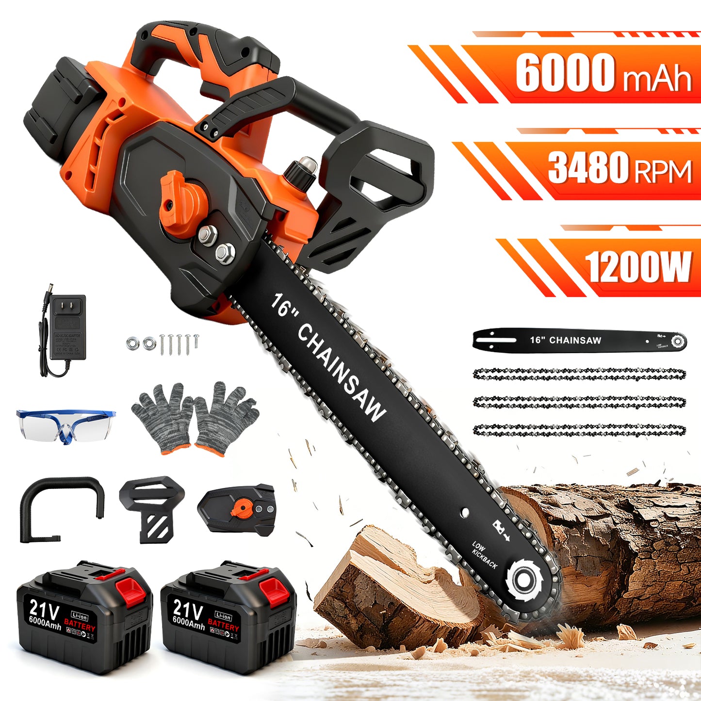 Brushless 16-Inch Chainsaw Cordless with 2×6.0Ah Batteries, Electric Chainsaw with 3 Chains, for Wood Cutting and Yard Work