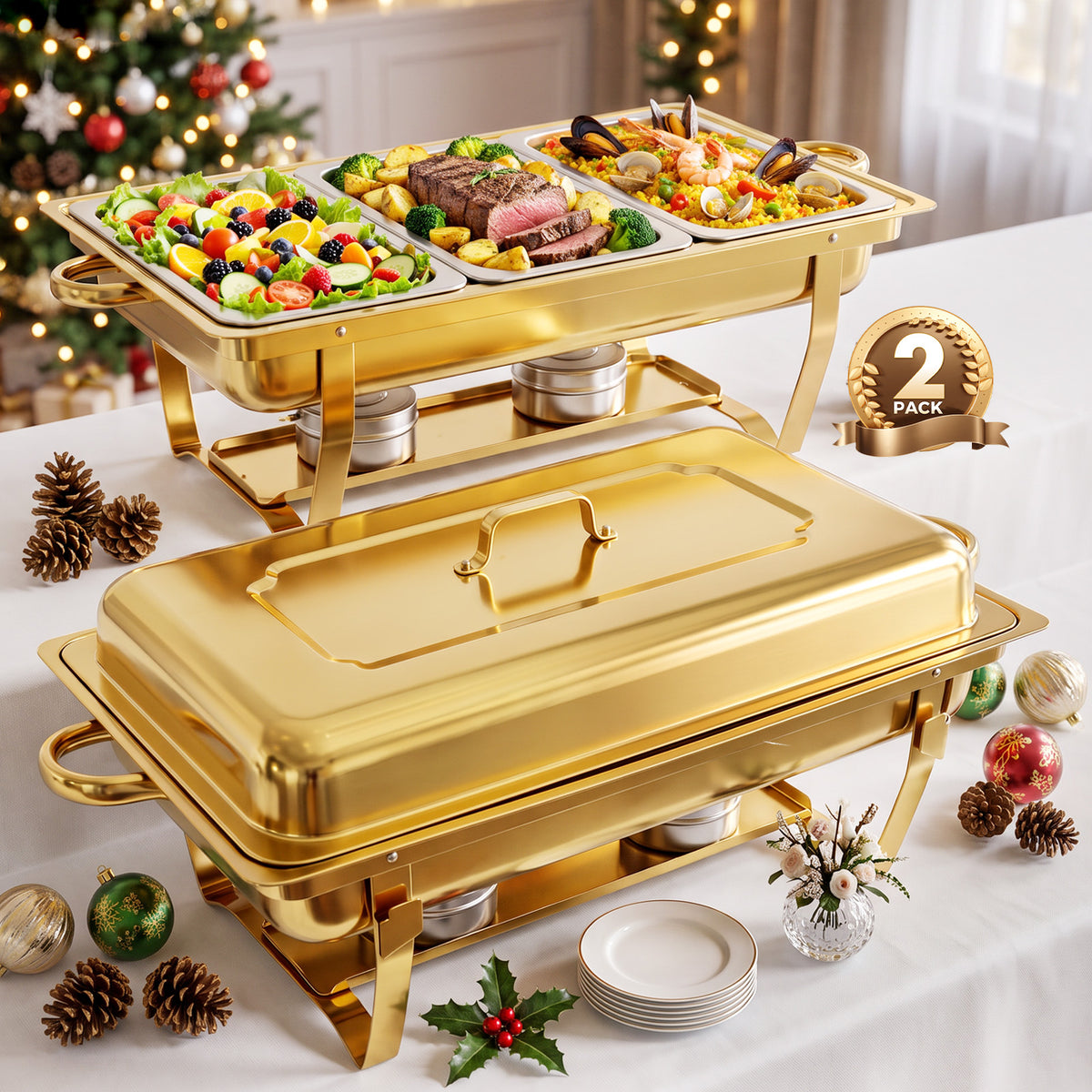 Gold Chafing Dishes for Buffet 2 Pack, 9QT Rectangular Chafing Dish Buffet Set with 3 Compartments & Foldable Frame, Food Warmers for Parties, Catering Trays and Warmers