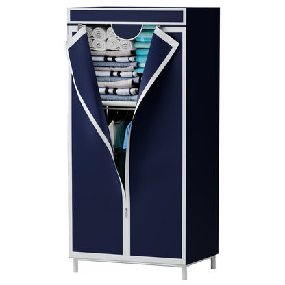 Wardrobe Closet Organizer with Hanging & Folding Sections, Clothing Rack Storage for Clothes, Dustproof Full-Cover Standing Closet for Bedroom, Apartment, Dorm, Navy Blue