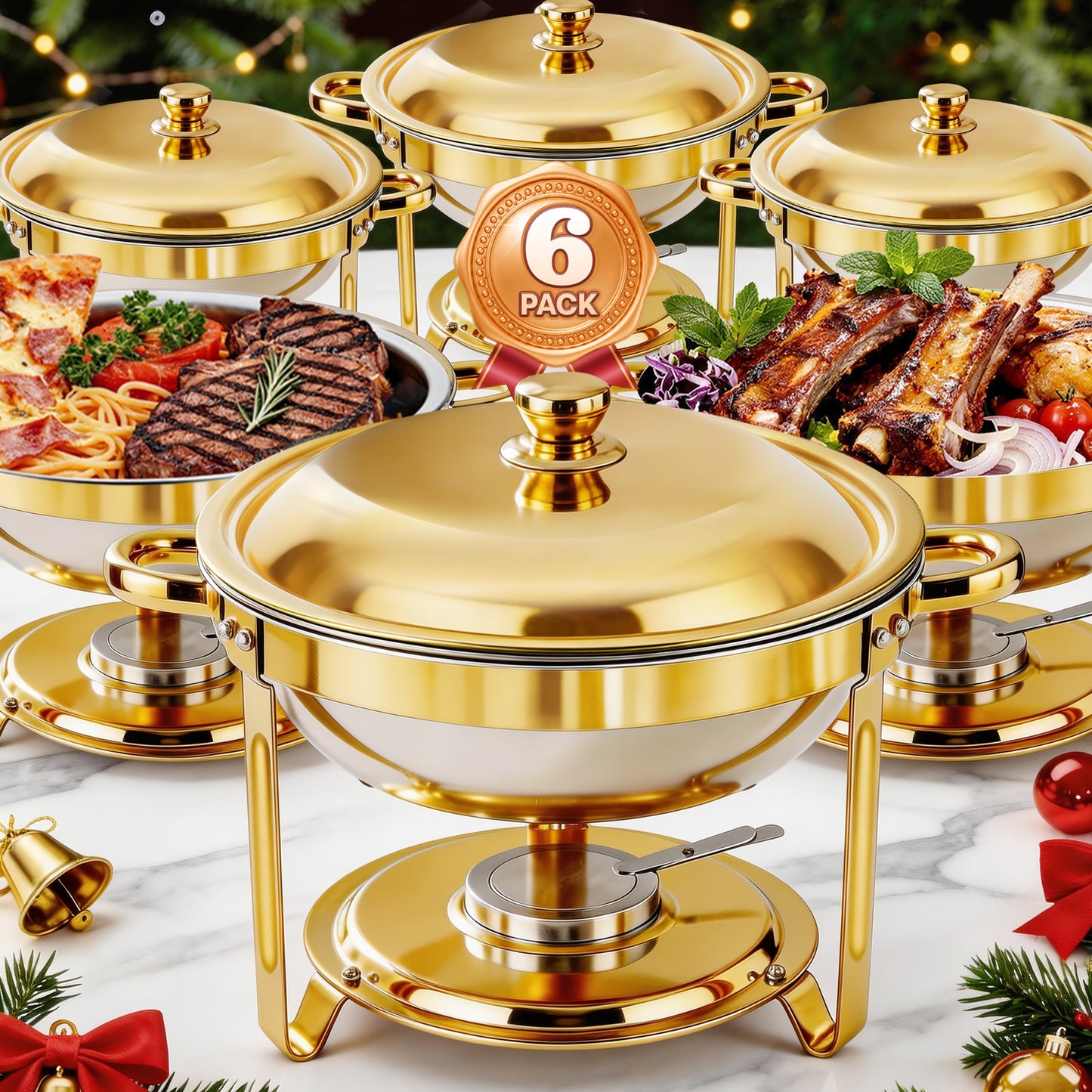 Round Half-Gold Plated Stainless Steel Chafing Dish with Stainless Steel Lid, Buffet Warmer Set, 6-Pack, for Home Gatherings, Christmas Parties, Catering Events