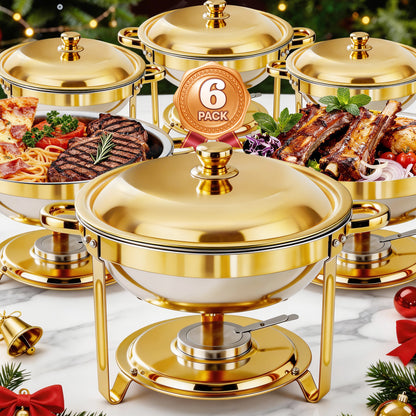 Round Half-Gold Plated Stainless Steel Chafing Dish with Stainless Steel Lid, Buffet Warmer Set, 6-Pack, for Home Gatherings, Christmas Parties, Catering Events