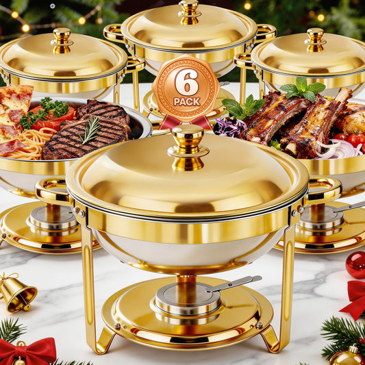 Round Half-Gold Plated Stainless Steel Chafing Dish with Stainless Steel Lid, Buffet Warmer Set, 6-Pack, for Home Gatherings, Christmas Parties, Catering Events