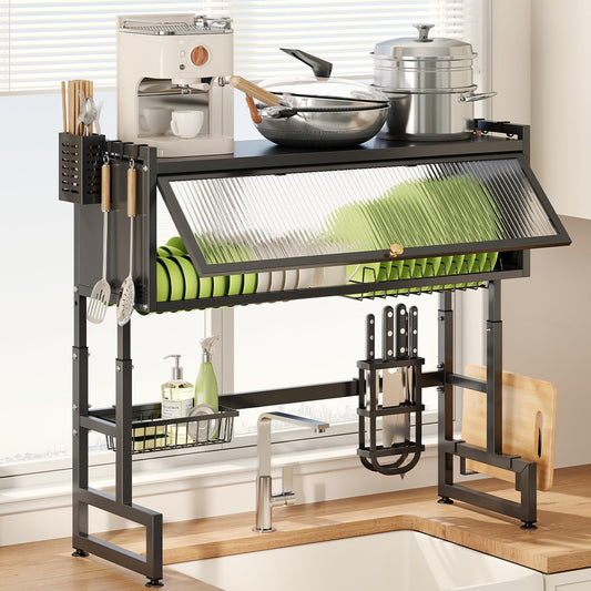 Overthe Sink Dish Rack, Over the Sink Drying Rack with Cover, Dish Drying Rack Over Sink for Bowls and Cutlery, Dish Holder Organizer for Kitchen Counter Storage, Black