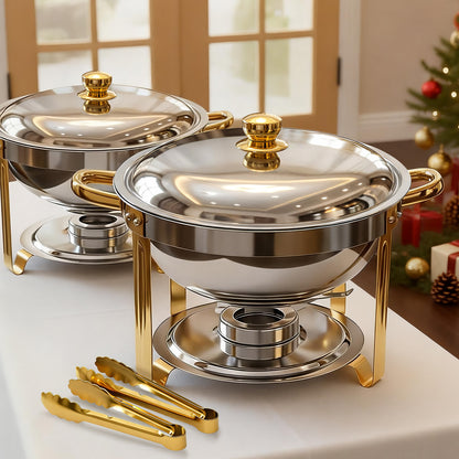 Chafing Dish Buffet Set with 2 Food Tongs,5.3 QT Stainless Steel Chafing Dishes Round Buffet Food Warmer Chafers Set for Parties Catering Event, Lid Holder 2PCS