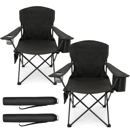 BAOKALER 2 Pack Camping Chair, Foldable Outdoor Lawn Chair with Cup Holder, Cooler Bag & Side Pocket for Backyard, Camping & Beach, Heavy-Duty Steel Frame, Supports 350lbs, Black