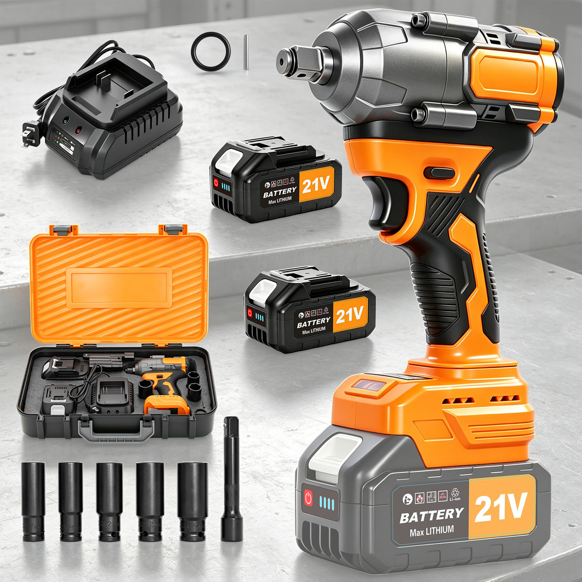 1300Nm Cordless Impact Wrench, 21V Impact Wrench 1/2 inch, High Efficiency Brushless Motor with Fast Charger and 2 x 3.0Ah Battery