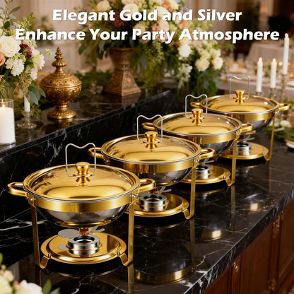 Round Half-Gold Plated Stainless Steel Chafing Dish with Stainless Steel Lid, Buffet Warmer Set, 4-Pack, for Home Gatherings, Christmas Parties, Catering Events