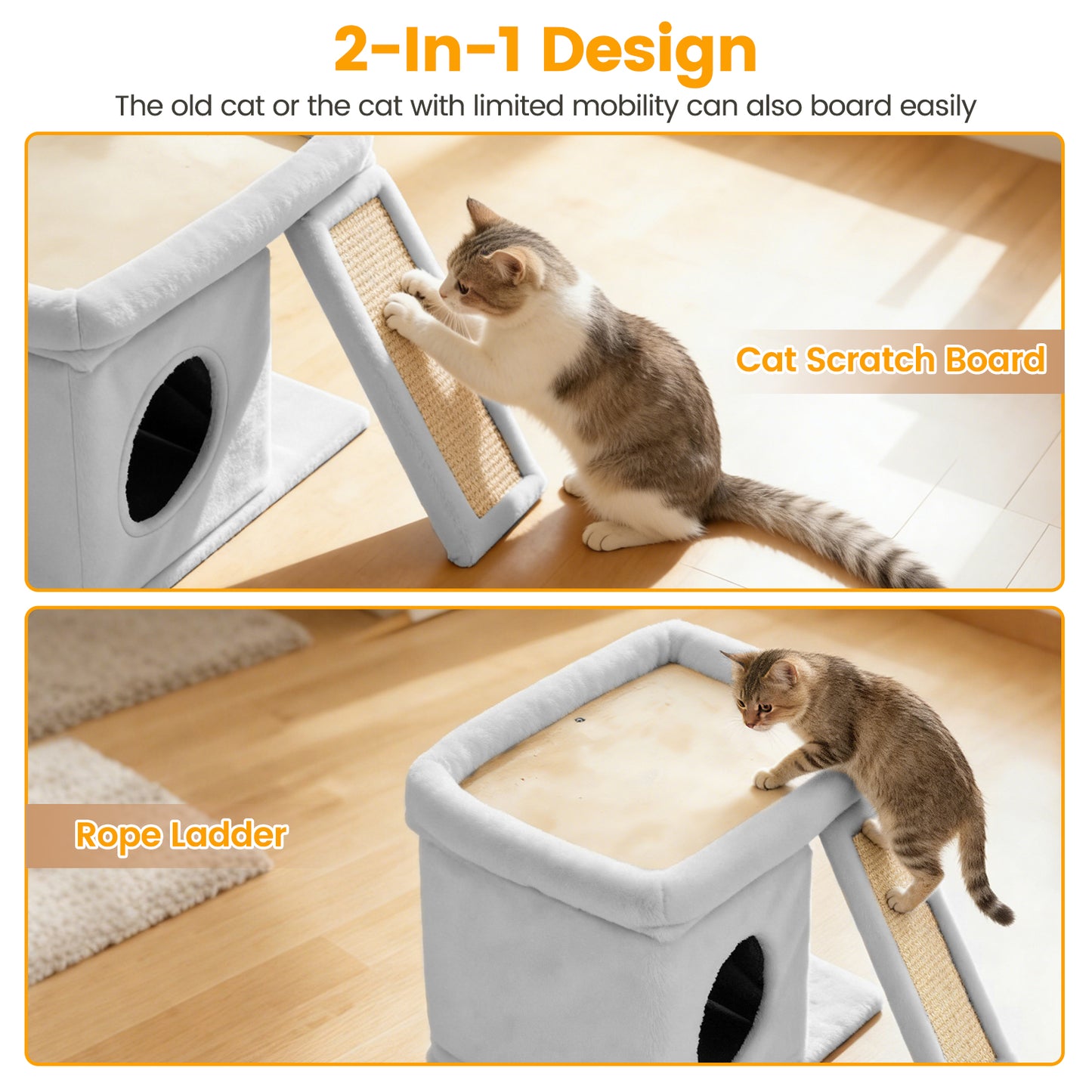 Cat Tree Tower with Perch Bed and Washable Top, Cat Tree with Sisal Scratching Posts, Condos, Plush Perches, Hanging Cat Toys, Extended Platform for Cats to Play and Sleep, Gray