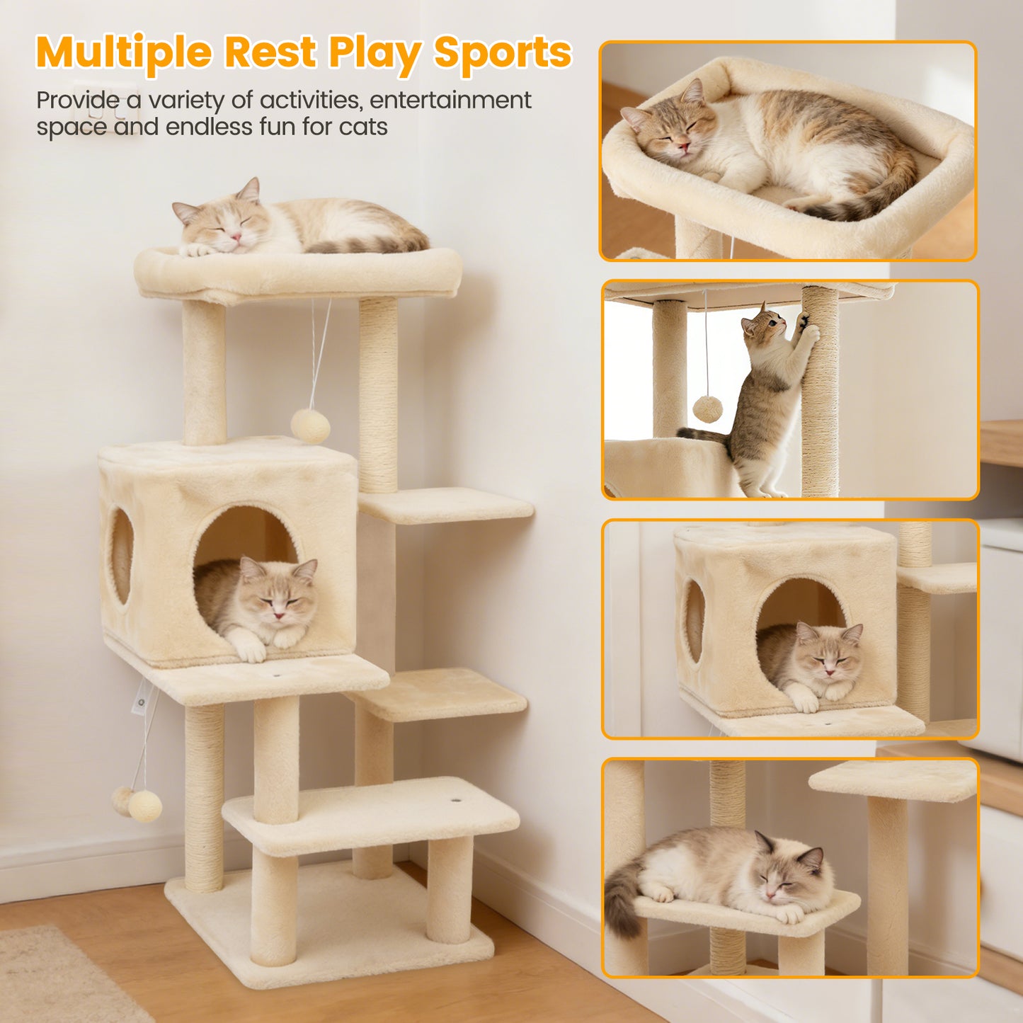 Sturdy 40-inch Cat Tree Tower with Cat Cave & Ramp Steps - Multi-Level Play & Sleep Center for Large Indoor Cats, Beige
