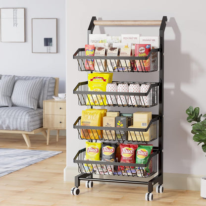 Kitchen Storage Cart with Wheels, 4-Tier Detachable Rolling Cart, Kitchen Vegetable and Fruits Utility Shelf Rack