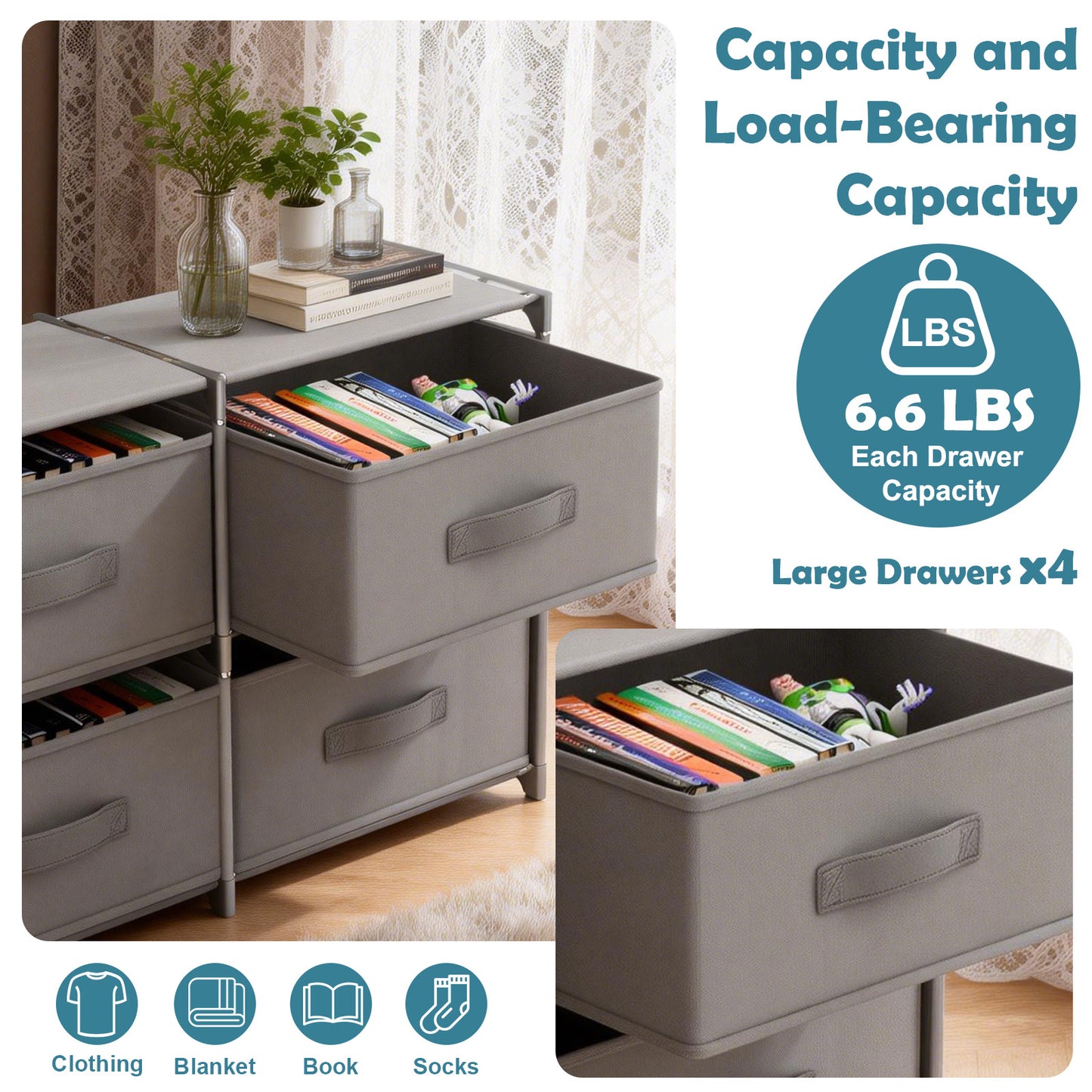 BAOKALER Clothes Drawer Dresser with 4 Drawers, Double Row Non-Woven Fabric Dresser for Bedroom, Hallway, Entryway, Closets, Sturdy Steel Frame, Wood Top, Gray
