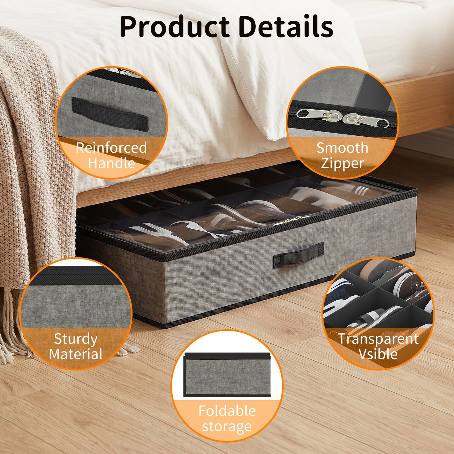 CATGOOD Under Bed Storage Containers 4 Pack Fits 48 Pairs, Fabric Shoes Container Box with Cover and Handle, Closet Shoe Organizer for Home, Gray