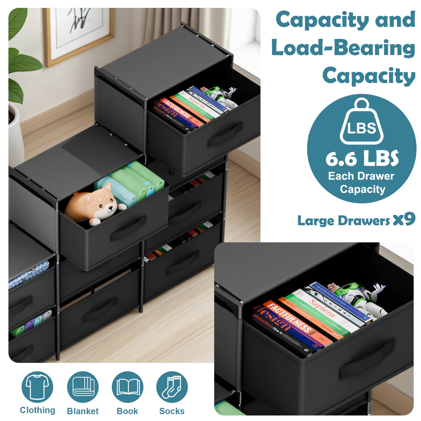 BAOKALER Non-Woven Fabric Multi-Functional Storage Cabinet, 9-Drawer Open Storage Shelf, 10.24×47.24×34.65 Inches, for Bedroom, Living Room, Hallway, Black