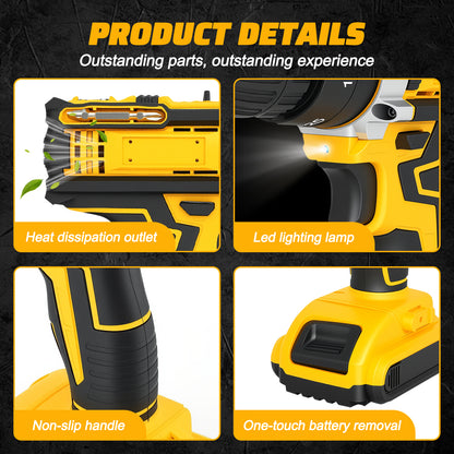 21V Cordless Drill Set, Electric Power Drill 50Nm with 3/8 Inch Keyless Chuck, 25+1 Clutch Compact Driver Drill with Work Light, Dual-Speed Power & 2 Battery and Fast Charger
