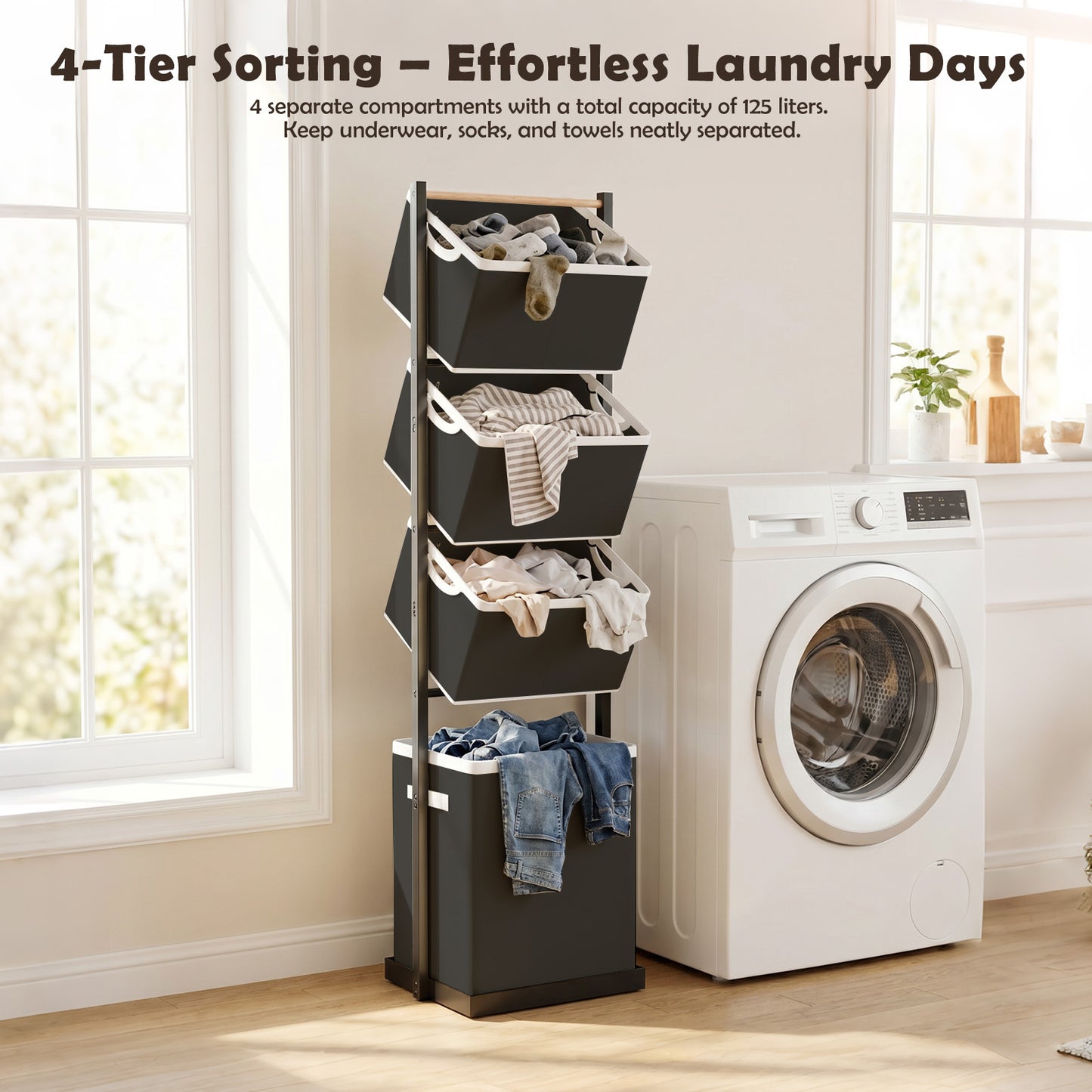 Laundry Hamper, Laundry Basket, 4 Tier Laundry Sorter, Metal Stackable Laundry Basket Organizer with Removable Basket and Removable Bags, 59"x12.6"x15.7" Clothes Organizer Basket, Black