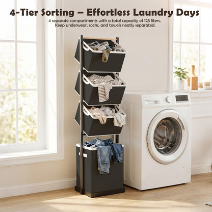 Laundry Hamper, Laundry Basket, 4 Tier Laundry Sorter, Metal Stackable Laundry Basket Organizer with Removable Basket and Removable Bags, 59"x12.6"x15.7" Clothes Organizer Basket, Black