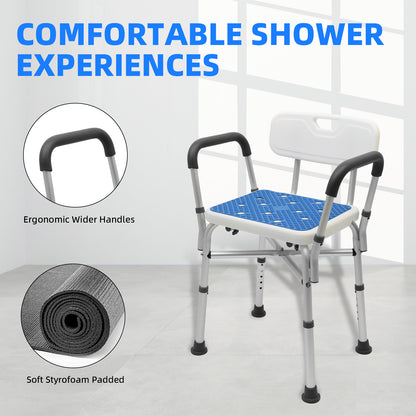 CATGOOD Shower Chair for Inside Shower, Bath Chair with Arms and Reinforced Crossing Bar for Elderly, Adults, Disabled, 550LBs Heavy Duty Bath Chair, Adjustable Shower Bench ,White and Blue