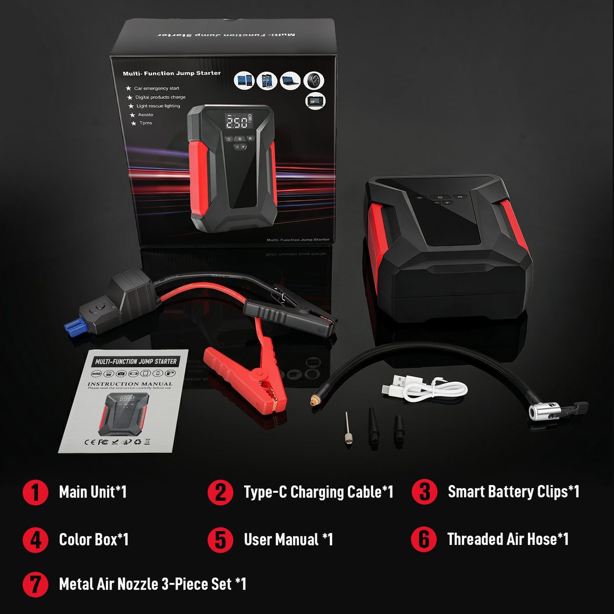 5 in 1 12V Car Jump Starter with Air Compressor, 1200A Peak Portable Jump Pack, 150PSI Digital Tire Inflator, 6000mAh Power Bank with LED Light for Cars Trucks SUVs