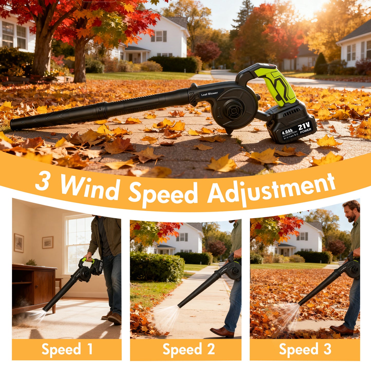BAOKALER 21V 300CFM Leaf Blower, 2-in-1 Handheld Electric Vacuum with 4AH Battery, 3 Speed Modes and LED Display