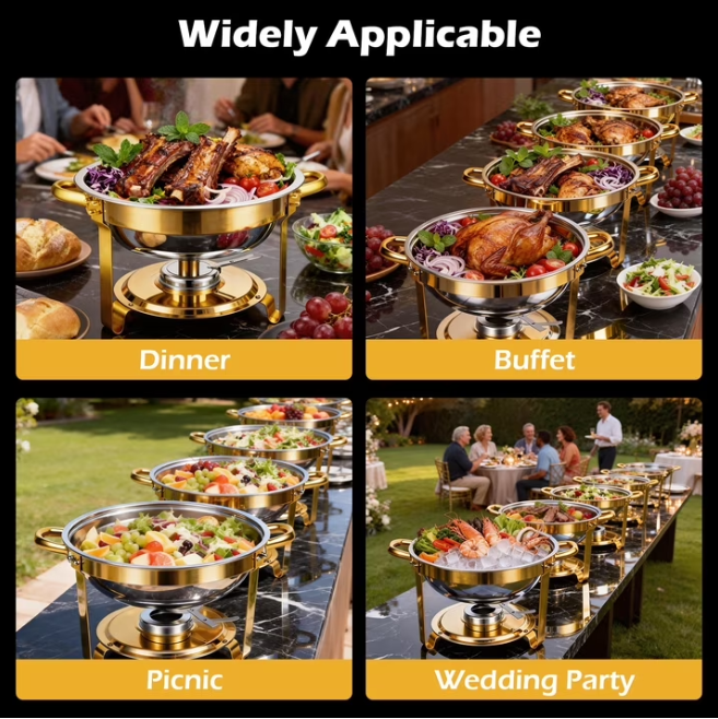 Round Half-Gold Plated Stainless Steel Chafing Dish with Stainless Steel Lid, Buffet Warmer Set, 6-Pack, for Home Gatherings, Christmas Parties, Catering Events