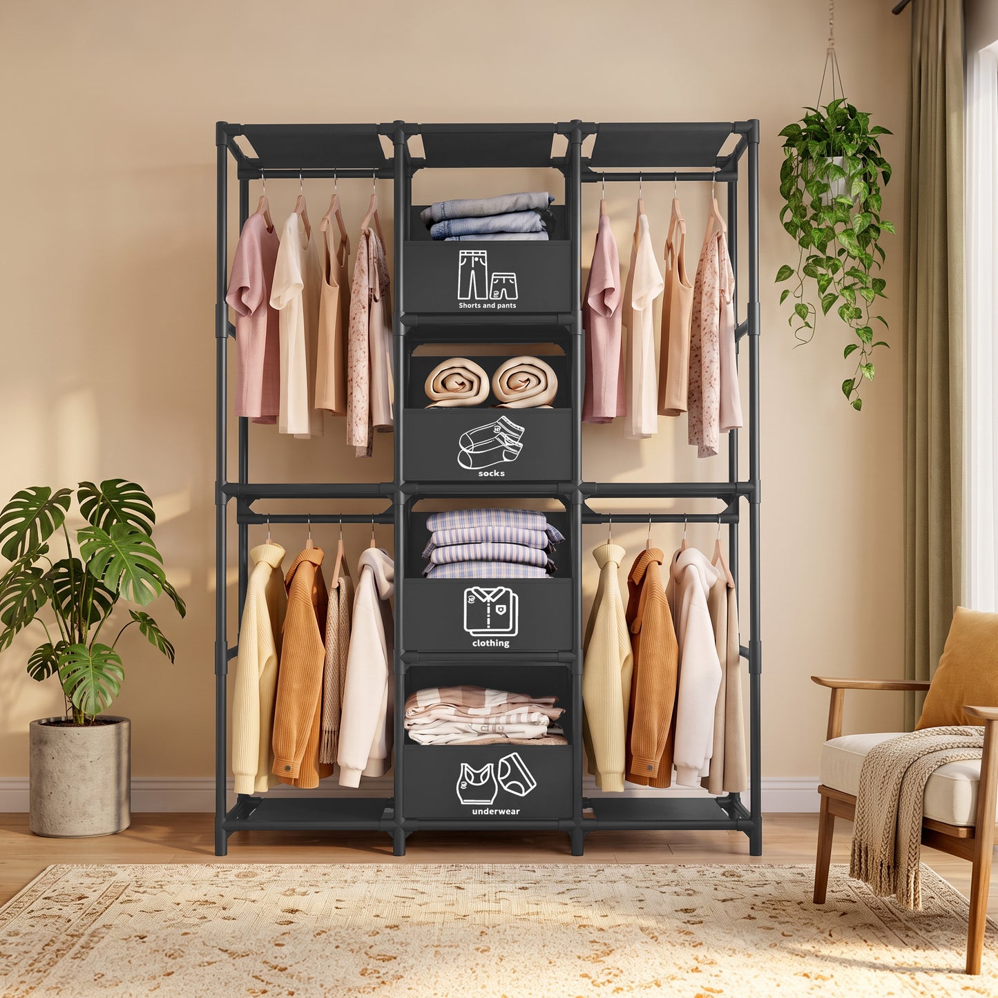 Portable Closet, Wardrobe Closet for Hanging Clothes with 4 Storage Drawers, Freestanding Closet Organizers and Storage for Bedroom, Black