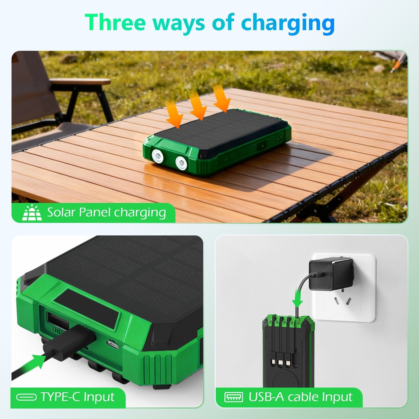 2PK Power Bank Wireless Charger 46800mAh Built in 4 Cables Six Outputs 15W Fast Charging Power Bank for All Mobile Devices Three Inputs Solar Portable Charger with Dual Flashlights, Carabiner(Green)