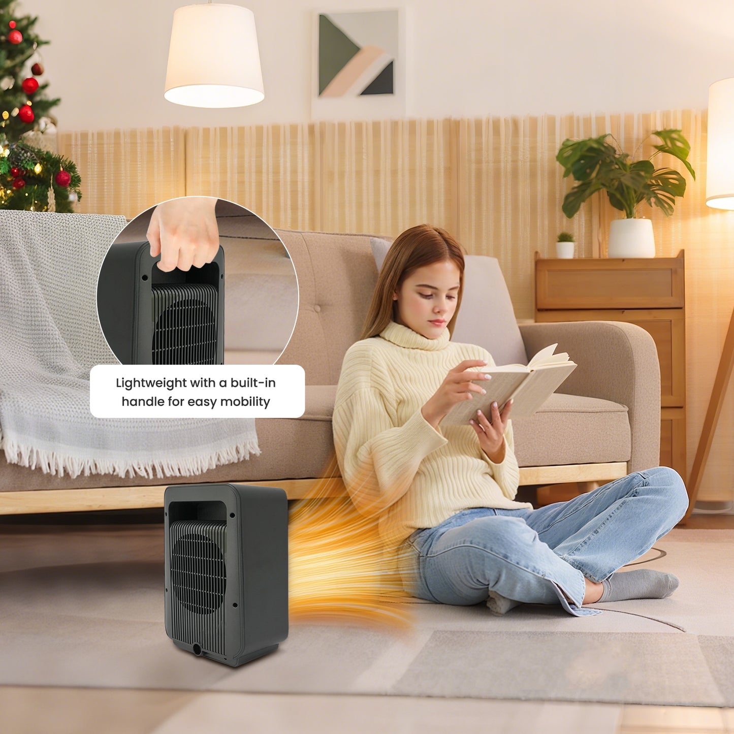 Indoor 1500W 3D Dynamic Flame Tabletop Heater with Safety Protection & Timer, Low-Noise Ceramic Heater Fan for Bedroom, Office, and Indoor Use