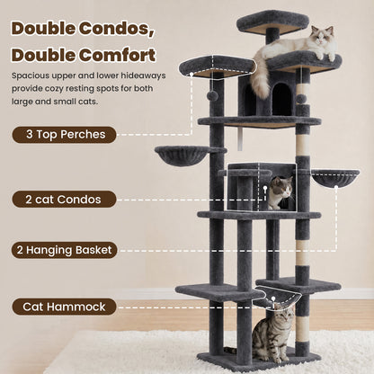 80" Cat Tree Tower, Big Cat Tower for Multiple Adult Cats, Multi-Level Tall Cat Tree with 3 Platforms, 2 Condos, 2 Hanging Basket, Hammock and Scratching Frame for Indoor Kitties, Dark Grey