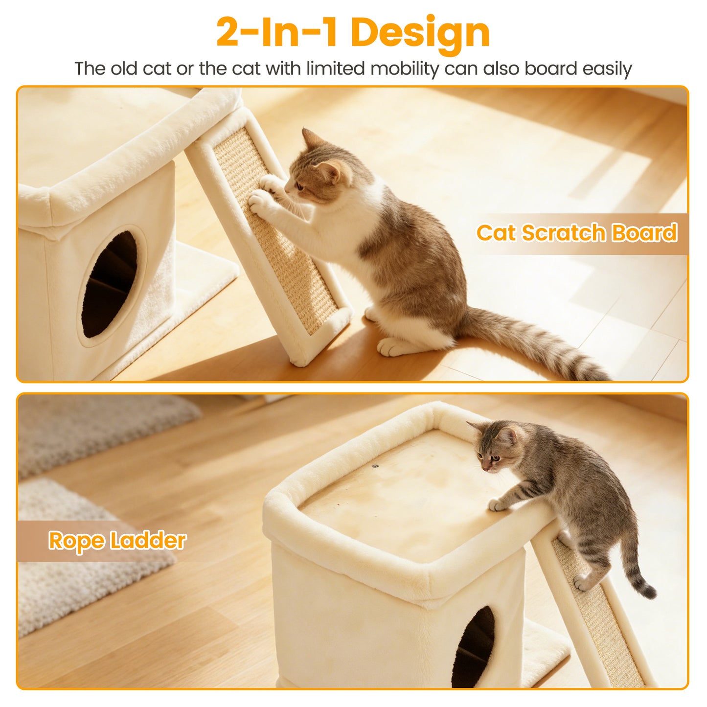 Cat Tree Tower with Perch Bed and Washable Top, Cat Tree with Sisal Scratching Posts, Condos, Plush Perches, Hanging Cat Toys, Extended Platform for Cats to Play and Sleep, Beige