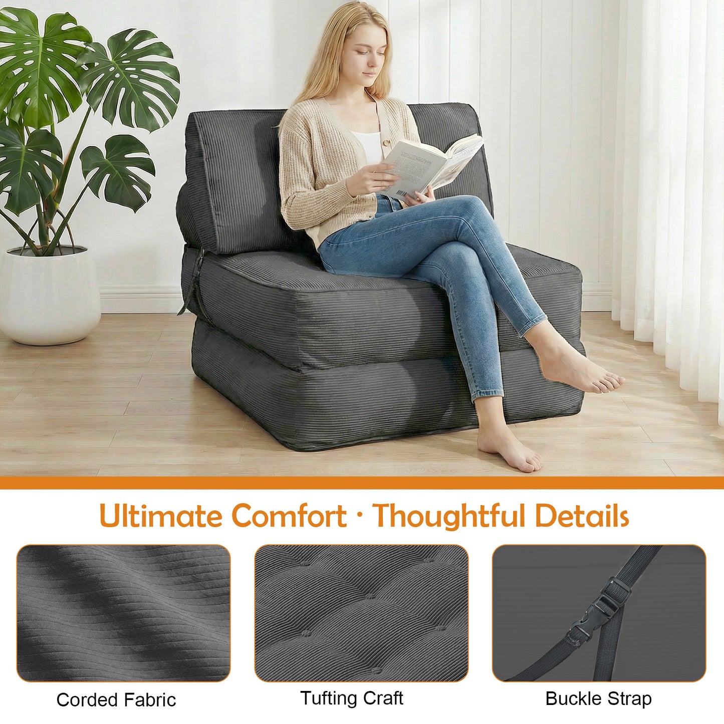 CATGOOD Single Sofa Bed with Pillow, Convertible Sleeper Sofa for Small Spaces, Portable Boneless Small Couch Comfy Floor Sofa Lounge Chair for Living Room, Bedroom, Gray