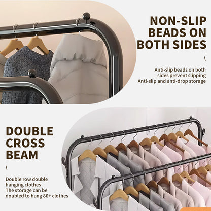 Clothes Rack With Wheels, Portable Clothing Rack With Shelves & Hooks, Heavy Duty Garment Racks for Hanging Clothes, Multi-Functional Closet Rack for Bedroom, Black